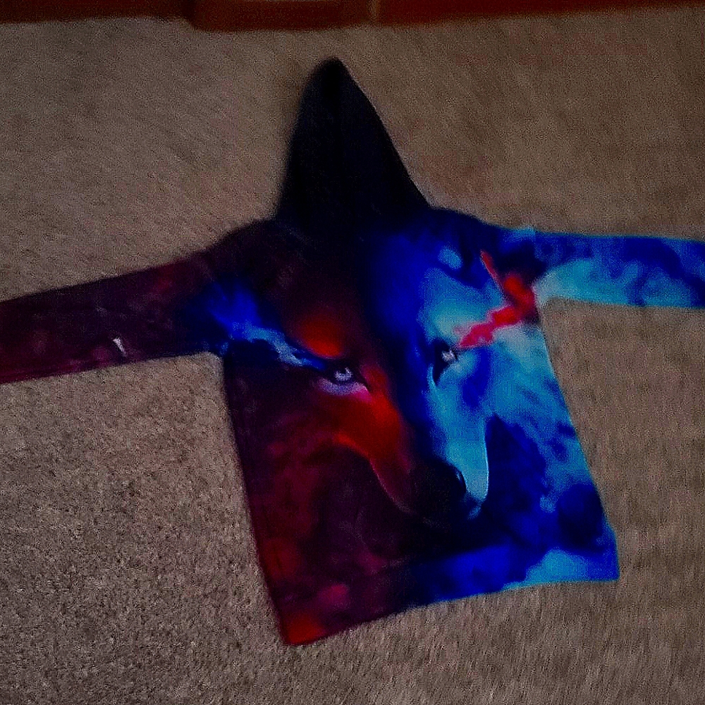 Red and blue wolf hoody